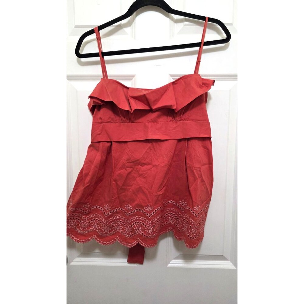 BCBG Max Azria Orange Baby Doll Sleeveless Embroidered Hem Top Ruffle Detail L